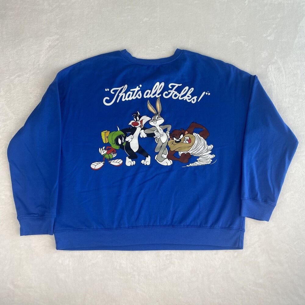 Looney Tunes Thats all Folks Graphic Sweater Womens Large Blue Sweatshirt Casual